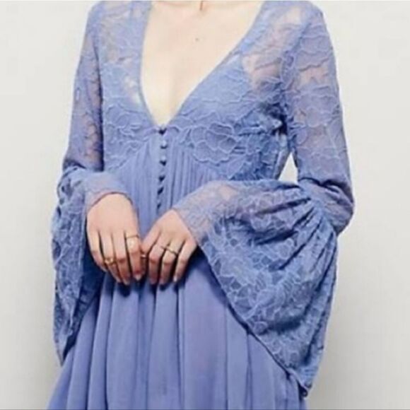Free People With Love From India Lace Mini Boho Bell Sleeve Dress M Dusty Rose - Picture 3 of 11